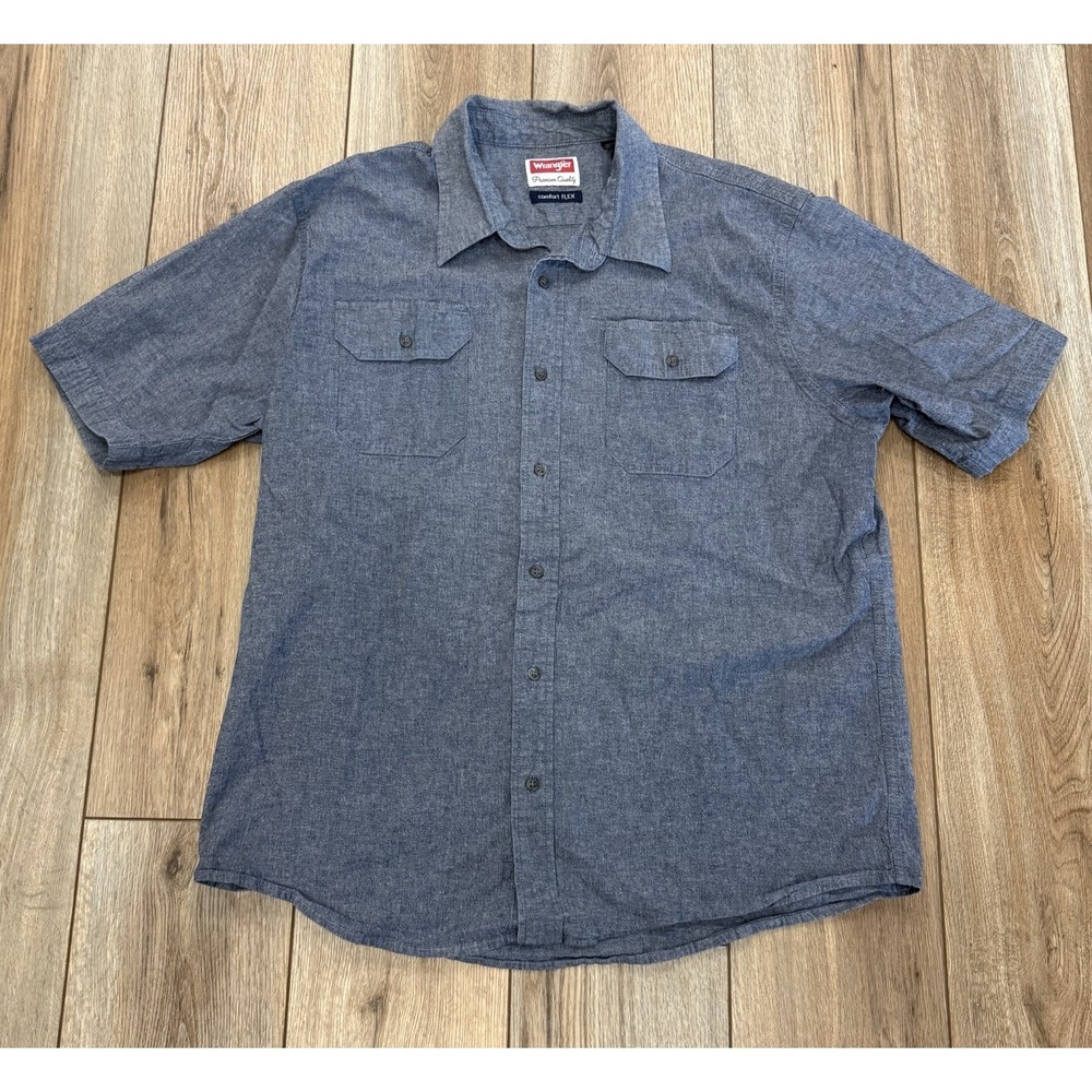 Wrangler Mens Medium Short Sleeve Button Up Shirt Blue Western Comfort Flex XL